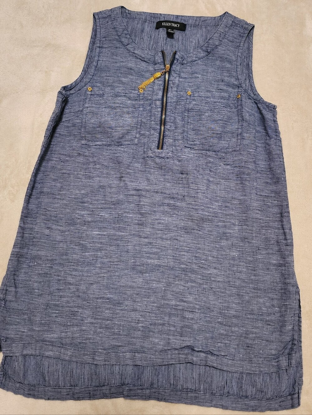 Ellen Tracy 100% Linen Chambray Blue Sleeveless Zip-Front Tank - Picture 6 of 9